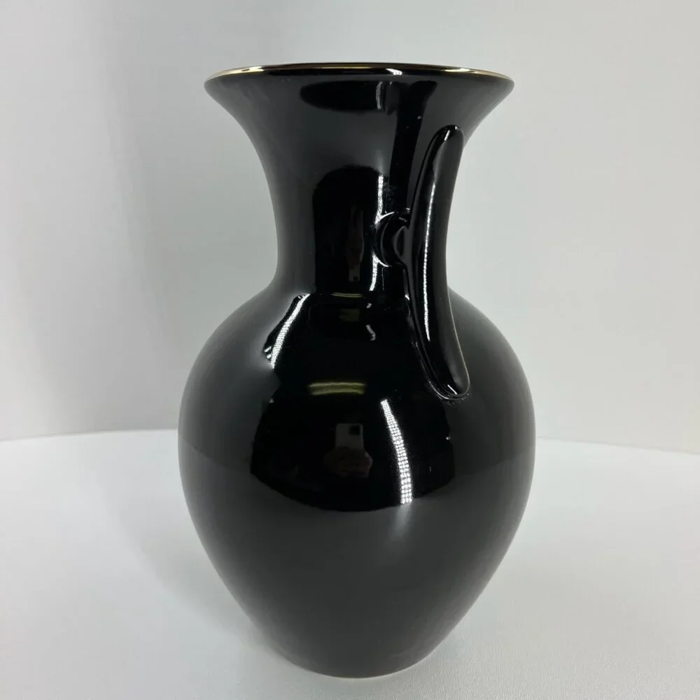 Vintage Japanese Black Floral Vase Calla Lily Vase Gold Trim Dual Handle Decor